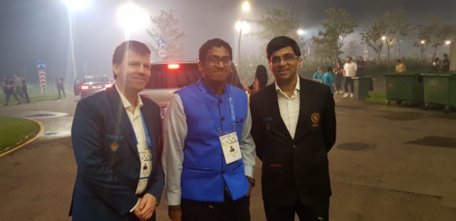 GM Priyadharshan in Batumi Olympiad 2018 with GM Anand and GM Aagaard